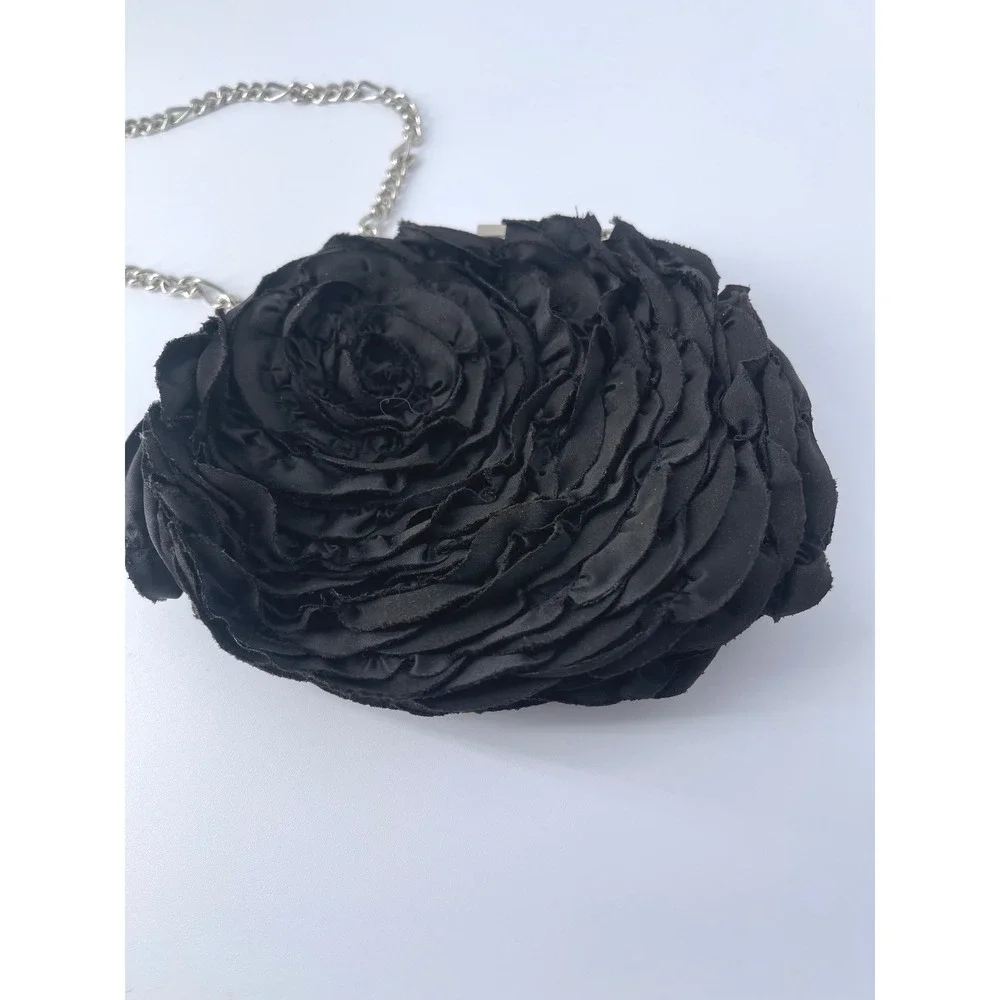 White House Black Market Rosette Evening Bag Clutch Black Removable Chain Strap - Picture 2 of 3